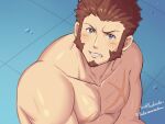  1boy bara bare_arms bare_shoulders blue_eyes blush brown_hair collarbone commentary derivative_work facial_hair fate/grand_order fate_(series) goatee highres large_pectorals long_sideburns looking_at_viewer male_focus meme muscular muscular_male napoleon_bonaparte_(fate) no_nipples pectorals sailor_moon_redraw_challenge scar screencap_redraw shirtless short_hair sideburns simple_background sitting solo sparkling_eyes sweatdrop symbol_commentary yaosan233 