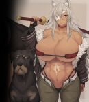  1girl abs animal animal_ears bikini black_panties breasts cleavage covered_nipples dog drooling eyepatch fur_trim ghislaine_dedoldia grey_hair highres holding holding_sword holding_weapon jacket large_breasts long_hair looking_at_viewer metal_owl_(aden12) mushoku_tensei navel off_shoulder panties red_eyes scar sheath sheathed swimsuit sword thong underwear weapon 