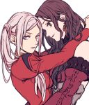  2girls blush breasts brown_hair cleavage closed_mouth commentary_request dorothea_arnault earrings edelgard_von_hresvelg fire_emblem fire_emblem:_three_houses gloves green_eyes hug jewelry large_breasts long_hair long_sleeves looking_at_another multiple_girls purple_eyes shir_gn_9 side_ponytail simple_background smile white_background white_hair yuri 