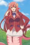  1girl absurdres bangs bow bowtie breasts cloud fang hair_ornament hand_on_hip highres lamia long_hair medium_breasts miia_(monster_musume) monster monster_girl monster_musume_no_iru_nichijou open_mouth outdoors pointy_ears red_hair school_uniform skirt sky smile tree yellow_eyes zorzero 