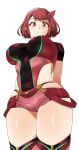  1girl absurdres arms_behind_back breasts brown_eyes covered_navel cropped_legs highres large_breasts light_blush looking_at_viewer looking_down monkey_jon pyra_(xenoblade) red_hair shiny shiny_skin short_hair short_shorts shorts simple_background solo thighhighs thighs tiara white_background xenoblade_chronicles_(series) xenoblade_chronicles_2 
