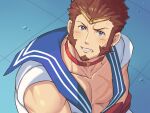  1boy bara bishoujo_senshi_sailor_moon blue_eyes blue_sailor_collar blush brown_hair choker circlet collarbone cosplay crossdressing derivative_work earrings facial_hair fate/grand_order fate_(series) goatee heart heart_choker highres jewelry long_sideburns looking_at_viewer male_focus meme muscular muscular_male napoleon_bonaparte_(fate) open_clothes pectorals red_choker revealing_clothes sailor_collar sailor_moon sailor_moon_(cosplay) sailor_moon_redraw_challenge sailor_senshi_uniform scar screencap_redraw short_hair sideburns simple_background sitting solo sparkling_eyes sweatdrop yaosan233 