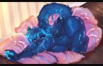  anthro blue_body blue_fur cat_stretch domestic_cat felid feline felis female fur glowing glowing_markings hi_res hybrid mammal markings nelami pudim simple_background slime solo thick_thighs 