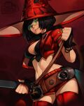  1girl belt belt_buckle bespectacled black_choker black_hair boots breasts buckle choker cleavage cropped_jacket electric_guitar glasses guilty_gear guilty_gear_strive guitar hat highres hoai_vu holding holding_instrument i-no instrument jacket large_breasts lips looking_to_the_side loose_belt mole mole_above_mouth navel red_footwear red_headwear red_jacket red_shorts rimless_eyewear short_hair shorts showgirl_skirt sideboob signature solo thigh_boots thighhighs witch_hat 