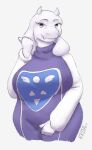  2021 anthro big_breasts boss_monster bovid breasts caprine clothed clothing fangs female floppy_ears goat half-length_portrait horn huge_breasts kkoart long_sleeves looking_at_viewer mammal mature_female portrait robe simple_background smile smiling_at_viewer solo standing toriel undertale video_games white_body wide_hips 