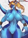  3:4 alternate_species anthro big_breasts biped blonde_hair blue_body blue_eyes bracelet breasts bulge camel_toe claws female girlsay hair hi_res horn huge_breasts jewelry looking_at_viewer metroid nintendo samus_aran scalie sharp_claws simple_background standing tagme text url video_games white_background zero_suit 