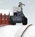  2girls annin_musou architecture banner bridge caterpillar_tracks east_asian_architecture fairy_(kancolle) ground_vehicle haruna_(kancolle) holding house kantai_collection long_hair military military_vehicle motor_vehicle multiple_girls open_hatch railing rooftop snow tank tank_helmet translation_request type_89_i-gou 