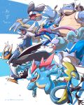  blastoise claws empoleon fangs feraligatr gen_1_pokemon gen_2_pokemon gen_3_pokemon gen_4_pokemon gen_5_pokemon gen_6_pokemon gen_7_pokemon gen_8_pokemon greninja highres inteleon kelvin-trainerk no_humans open_mouth pokemon pokemon_(creature) primarina samurott shoulder_cannon smile starter_pokemon swampert tail talons 