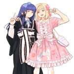  2girls alternate_costume bag black_dress blonde_hair calissons dress frederica_bernkastel frilled_dress frills hair_ribbon handbag hime_cut japanese_clothes lambdadelta lolita_fashion long_hair multiple_girls orange_eyes purple_eyes purple_hair ribbon sweet_lolita umineko_no_naku_koro_ni v wa_lolita 