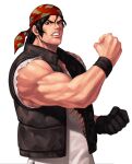  1boy bandana biceps black_gloves black_hair brown_eyes brown_vest clenched_hands clenched_teeth commentary_request evilgun facial_hair fingerless_gloves gloves hair_between_eyes highres lips looking_at_viewer male_cleavage male_focus muscular muscular_male ralf_jones red_headwear serious shirt short_hair simple_background single_glove sleeveless sleeveless_shirt solo sweatband teeth the_king_of_fighters the_king_of_fighters_&#039;97 thick_eyebrows upper_body veins vest white_background white_shirt 