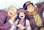  1girl 2boys :d ainu_clothes arm_behind_head artist_name asirpa belt black_hair buzz_cut closed_eyes earrings facial_hair goatee golden_kamuy grey_hair hat hoop_earrings jewelry jin_akhr long_sideburns long_sleeves lying military military_uniform multiple_boys on_back on_side open_mouth scar scar_on_cheek scar_on_face scar_on_nose scarf shiraishi_yoshitake short_hair sideburns smile sugimoto_saichi uniform very_short_hair yellow_scarf 