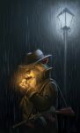  2021 anthro canid canine canis cigar clothed clothing coat dated digital_drawing_(artwork) digital_media_(artwork) fire gun hat headgear headwear hi_res male mammal matches nik159 outside raining ranged_weapon signature smoking solo standing street_lamp topwear water weapon wolf 
