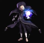  1boy absurdres bangs bishounen black_background black_bodysuit black_cape black_pants blonde_hair bodysuit brown_footwear cape closed_mouth collarbone commentary_request covered_navel energy_ball evilgun floating_cape floating_hair full_body gloves hair_between_eyes hair_over_one_eye highres igniz_(kof) lips long_sleeves looking_at_viewer male_focus pants red_eyes shoes short_hair simple_background solo standing the_king_of_fighters toned toned_male white_gloves wind 