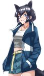  1girl absurdres animal_ears black_hair black_jaguar_(kemono_friends) blue_eyes blue_jacket blue_skirt casual commentary cowboy_shot denim denim_skirt extra_ears eyebrows_visible_through_hair hands_in_pockets highres jacket jaguar_ears jaguar_girl jaguar_print jaguar_tail jewelry kemono_friends kemono_friends_3 long_sleeves looking_at_viewer midriff_peek miniskirt necklace official_alternate_costume shirt short_hair skirt smile solo tail tanabe_(fueisei) white_shirt yellow_belt 