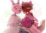  anthro bouquet bunny_(courage_the_cowardly_dog) c2ndy2c1d cartoon_network clothing courage_the_cowardly_dog domestic_cat dress felid feline felis female female/female flower flower_crown kitty_(courage_the_cowardly_dog) lagomorph leporid mammal one_eye_closed pink_body plant rabbit red_body rose_(flower) simple_background wedding wedding_dress white_background yellow_sclera 