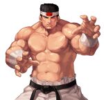  1boy abs biceps black_hair closed_eyes closed_mouth commentary_request cowboy_shot daimon_gorou evilgun facing_viewer fighting_stance fingernails hachimaki headband highres large_pectorals male_focus muscular muscular_male navel nipples pants pectorals serious shirtless short_hair sideburns simple_background solo standing the_king_of_fighters the_king_of_fighters_&#039;97 thick_eyebrows white_background white_pants 