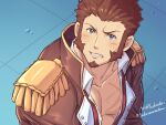 1boy bara blue_eyes blush brown_hair chinese_commentary collar collarbone derivative_work epaulettes facial_hair fate/grand_order fate_(series) fringe_trim goatee highres jacket long_sideburns long_sleeves looking_at_viewer male_cleavage male_focus meme military military_uniform muscular muscular_male napoleon_bonaparte_(fate) open_clothes partially_unbuttoned pectorals sailor_moon_redraw_challenge scar screencap_redraw short_hair sideburns simple_background sitting solo sparkling_eyes sweatdrop uniform yaosan233 