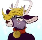  annoyed anthro antlers arrteen bell bell_collar blonde_hair blue_body blue_eyes cervid collar cosmic_background damon_fallow fur hair headshot_portrait hi_res horn looking_at_viewer male mammal markings portrait purple_body purple_fur solo starry_background white_ears white_markings 