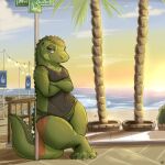  1:1 2021 absurd_res anthro boat clothed clothing cloud crocodilian crossed_arms day detailed_background female green_body hi_res light lighting louart outside palm_tree plant reptile scalie shaded shadow sky smile solo street_sign swimwear tree vehicle watercraft 