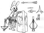  2016 3_toes 4_fingers anthro armor arrow arrowhead belt black_and_white buckteeth caltrop caltrops cheek_tuft coat_of_arms crest_(heraldry) crossbow crossbow_bolts facial_tuft feet feral fingers fur gambeson headgear helm_(armor) helmet heraldry holding_crossbow holding_object holding_weapon lagomorph leporid male mammal medieval medieval_shield melee_weapon monochrome notched_ear open_mouth open_smile rabbit ranged_weapon scabbard scut_tail sheathed_sword shield simple_background smile solo spiff sword symbol teeth toes traditional_media_(artwork) tuft weapon white_background white_body white_fur 