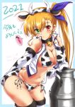  1girl 2021 animal_collar animal_ears animal_print bangs bell bikini black_collar blonde_hair blue_border blue_ribbon boots border breasts chinese_zodiac cleavage collar commentary_request cow_ears cow_horns cow_print cow_tail cowbell cowboy_shot dated elbow_rest eyebrows_visible_through_hair fake_animal_ears fake_horns fake_tail green_eyes hair_ribbon hand_on_own_ass heterochromia holding_tail horns jacket kotoyoro large_breasts leaning_forward long_hair long_sleeves looking_at_viewer lyrical_nanoha mahou_shoujo_lyrical_nanoha_vivid milk_churn navel neck_bell new_year outline parted_lips print_bikini red_eyes ribbon san-pon side-tie_bikini side_ponytail sleeveless sleeveless_jacket solo standing swimsuit tail thigh_boots thighhighs translated twitter_username vivio white_footwear white_jacket white_outline year_of_the_ox 