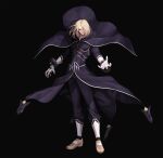  1boy absurdres bangs bishounen black_background black_bodysuit black_cape black_pants blonde_hair bodysuit brown_footwear cape closed_mouth collarbone commentary_request covered_navel evilgun floating_cape floating_hair full_body gloves hair_between_eyes hair_over_one_eye highres igniz_(kof) lips long_sleeves looking_at_viewer male_focus pants red_eyes shoes short_hair simple_background solo standing the_king_of_fighters toned toned_male white_gloves wind 