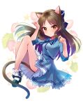  1girl absurdres animal_ear_fluff animal_ears arm_up bangs black_footwear blue_bow blue_dress blue_ribbon blush bow breasts brown_eyes brown_hair cat_day cat_ears cat_girl cat_tail closed_mouth collared_dress commentary_request dress eyebrows_visible_through_hair floating_hair food food_themed_background fruit full_body hair_bow hand_up highres idolmaster idolmaster_cinderella_girls idolmaster_cinderella_girls_starlight_stage kemonomimi_mode long_hair long_sleeves looking_at_viewer neck_ribbon parted_bangs paw_pose ribbon sakura_ran shoes small_breasts socks solo strawberry tachibana_arisu tail very_long_hair white_legwear 