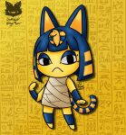  :&lt; absurd_res animal_crossing ankha_(animal_crossing) anthro blue_hair cat_tail clothed clothing colored digital_drawing_(artwork) digital_media_(artwork) domestic_cat egyptian egyptian_clothing eyelashes felid feline felis female full-length_portrait fur hair hi_res hieroglyphics makeup mammal nintendo nintendo_switch pawpads pharaoh portrait queen royalty signature solo sonicluxhedgeman video_games watermark yellow_body yellow_fur 