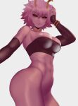  1girl absurdres alien android_21 ashido_mina black_gloves black_sclera boku_no_hero_academia bottomless bracelet breasts choker colored_sclera colored_skin commentary cosplay dragon_ball dragon_ball_fighterz elbow_gloves english_commentary gloves gold_bracelet gold_choker highres jewelry large_breasts lips looking_at_viewer majin_android_21 majin_android_21_(cosplay) no_pants pink_hair pink_lips pink_skin solo white_background yellow_eyes yellow_horns zaki_(zaki_btw) 