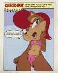  anthro archie_comics bikini blue_eyes blush breasts camel_toe chipmunk clothing colored comic_page english_text female fur ground_squirrel half-closed_eyes hecticarts hi_res looking_away low-angle_view mammal narrowed_eyes navel open_mouth pose rodent sally_acorn sciurid simple_background solo sonic_the_hedgehog_(archie) sonic_the_hedgehog_(comics) sonic_the_hedgehog_(series) swimwear text textured_background 