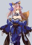  1girl absurdres animal_ear_fluff animal_ears artist_request bare_shoulders blue_kimono blue_legwear blue_ribbon breasts cleavage closed_mouth detached_sleeves eyebrows_visible_through_hair fate/extella fate/extra fate/extra_ccc fate/grand_order fate_(series) fox_ears fox_girl fox_tail hair_ribbon highres japanese_clothes kimono large_breasts looking_away pink_hair ribbon simple_background solo tail tamamo_(fate)_(all) tamamo_no_mae_(fate) white_background yellow_eyes 