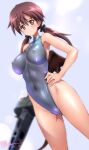  1girl bangs bare_shoulders blush breasts brown_eyes brown_hair cameltoe collarbone covered_nipples dated embarrassed frown gertrud_barkhorn grey_leotard gun hair_between_eyes hair_ribbon hand_on_hip highleg highleg_leotard impossible_clothes impossible_leotard kamogawa_tanuki large_breasts leotard long_hair looking_at_viewer machine_gun mg42 nipples ribbon shiny shiny_clothes shiny_hair signature solo strike_witches twintails twitter_username weapon world_witches_series 