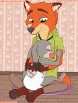 bottomwear canid canine clothed clothing crossed_legs cuddling diaper diaper_fetish disney duo female fox hug infantilism inside judy_hopps lagomorph leporid male mammal nick_wilde pacifier paddedulf pawpads paws rabbit smile topless topless_female zootopia 