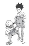  2014 2boys closed_eyes gon_freecss greyscale hunter_x_hunter invisible_chair jacket killua_zoldyck male_focus monochrome multiple_boys shoes shorts shougin signature sitting sleeping smile sneakers spiked_hair tank_top 