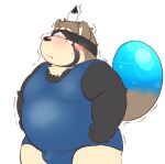  2021 anthro blush brown_body brown_fur bulge canid canine clothed clothing fur hi_res kemono kipchin_2nd00 live-a-hero male mammal overweight overweight_anthro overweight_male raccoon_dog shoen simple_background solo tanuki video_games white_background 