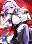  1girl anchor_necklace apron azur_lane black_hairband black_skirt blue_flower blue_rose breasts center_frills clothing_cutout dido_(azur_lane) earrings eyebrows_visible_through_hair flower frilled_shirt frilled_skirt frills hairband heart heart_earrings highres jewelry large_breasts long_hair looking_at_viewer looking_up lying maid on_back purple_eyes rose shirt skirt sleeveless sleeveless_shirt solo thighhighs tile_floor tiles tokisaka_ena underboob underboob_cutout waist_apron white_apron white_hair 