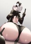  1girl ass ass_focus back_cutout black_bow black_footwear black_panties black_sleeves blue_eyes bow clothing_cutout detached_sleeves high_heels highres holding holding_sword holding_weapon kneeling looking_at_viewer looking_back mole mole_under_mouth nier_(series) nier_automata nier_reincarnation panties reflection reflective_floor shiroshisu sleeves sword underwear weapon white_hair yorha-issue_blade yorha_no._2_type_b 