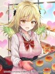  1girl :d apron baking_sheet bangs blonde_hair blush bread breasts brown_eyes character_request chocolate_cornet commentary_request eyebrows_visible_through_hair feathered_wings food green_wings heart indoors long_hair long_sleeves looking_at_viewer maruma_(maruma_gic) medium_breasts mini_wings open_mouth oven_mitts pink_apron plaid plaid_apron shirt smile solo two_side_up unmoving_pattern white_shirt wings z/x 