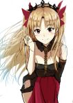  1girl asymmetrical_sleeves bangs between_breasts black_choker black_leotard black_sleeves blonde_hair bow breasts choker cleavage closed_mouth commentary_request detached_sleeves diadem earrings ereshkigal_(fate) eyebrows_visible_through_hair fate/grand_order fate_(series) floating_hair gradient_hair hair_bow hand_in_hair highres holding jewelry k3rd leaning_forward leotard long_hair looking_at_viewer multicolored_hair red_bow red_eyes shiny shiny_hair simple_background single_sleeve sketch small_breasts smile solo standing strapless strapless_leotard twintails very_long_hair white_background 