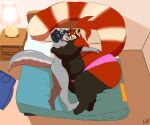  ailurid akai_(kazecat) anthro bed canid canine clothed clothing crossdressing cuddling duo furniture hug kazecat keda_(anime-wolf-08) keda_the_wolf_(character) long_tail long_tails male male/male mammal man_bun manbun on_bed overweight overweight_male panties pink_clothing pink_panties pink_underwear red_panda size_difference underwear 