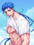  1boy abs alternate_costume ax_over_99 beads blue_hair blue_sky cu_chulainn_(fate)_(all) earrings fang fate/stay_night fate_(series) floating_hair hair_beads hair_ornament highres jewelry lancer long_hair looking_down looking_to_the_side male_focus muscular muscular_male nipples pectorals ponytail red_eyes shirt shirt_in_mouth shirt_lift short_sleeves sky solo spiked_hair t-shirt twitter_username 