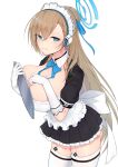  1girl asuna_(blue_archive) asymmetrical_bangs bangs blonde_hair blue_archive blue_eyes bow bowtie braid breast_press breasts cleavage collarbone elbow_gloves garter_straps gloves grain hair_ribbon highres large_breasts long_hair looking_at_viewer maid maid_headdress mole mole_on_breast parted_lips ribbon simple_background skindentation solo thighhighs white_background white_gloves white_legwear 