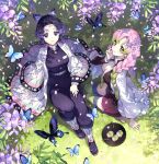  2girls bangs belt black_jacket black_legwear black_pants black_skirt breasts bug butterfly butterfly_hair_ornament closed_mouth day food from_above gradient_hair green_hair green_legwear hair_ornament hand_up haori highres insect jacket japanese_clothes kanroji_mitsuri kimetsu_no_yaiba knee_up kochou_shinobu large_breasts long_hair long_sleeves looking_at_viewer looking_up military military_uniform miniskirt mole mole_under_eye multicolored_hair multiple_girls nardack no_bra open_clothes open_jacket open_shirt outdoors pants parted_bangs pink_hair pleated_skirt purple_hair shirt sitting sitting_on_ground skirt smile thighhighs thighs tri_braids uniform white_belt white_shirt wide_sleeves 