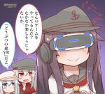  3girls akatsuki_(kancolle) anchor_symbol blue_eyes blush_stickers breasts cleavage commentary_request controller dated flat_cap game_controller gangut_(kancolle) hat head_mounted_display hibiki_(kancolle) ichininmae_no_lady kantai_collection medium_breasts mitchell_(dynxcb25) multiple_girls playstation_vr purple_hair red_eyes school_uniform serafuku silver_hair translation_request trembling twitter_username verniy_(kancolle) 