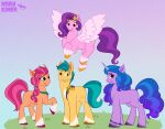  2d_(artwork) equestrian equid equine female feral flat_colors full-length_portrait g5 hasbro hi_res hitch_(mlp) horn horse izzy_moonbow_(mlp) male mammal marykimer my_little_pony pegasus pipp_(mlp) pony portrait sunny_starscout unicorn wings 