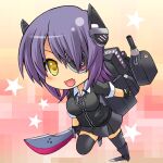  1girl black_gloves breasts cardigan checkered checkered_neckwear chibi eyepatch fang full_body gloves headgear kantai_collection large_breasts machinery miniskirt necktie nikubanare open_mouth partially_fingerless_gloves purple_hair school_uniform skin_fang skirt smile solo star_(symbol) sword tenryuu_(kancolle) thighhighs turret weapon yellow_eyes 