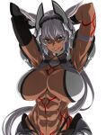  1girl abs absurdres animal_ears armor armpits arms_behind_head arms_up bikini bikini_bottom blue_eyes body_markings breasts caenis_(fate) cleavage dark_skin dark_skinned_female elbow_gloves fate/grand_order fate_(series) faulds gauntlets gloves grin halter_top halterneck headpiece highleg highleg_bikini highres j.h. large_breasts long_hair looking_at_viewer muscular muscular_female navel pauldrons ponytail shoulder_armor smile swimsuit very_long_hair white_hair 