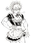  1boy alternate_costume apron bakugou_katsuki black_dress boku_no_hero_academia bow crossdressing detached_collar dress enmaided frilled_apron frills highres maid maid_apron maid_headdress male_cleavage male_focus monochrome muscular muscular_male puffy_short_sleeves puffy_sleeves short_sleeves spiked_hair thighhighs waist_apron white_apron ym_(gonkillmgmg) 