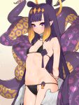  1girl bangs bikini black_bikini blunt_bangs blush breasts closed_mouth eyebrows_visible_through_hair gradient gradient_background halo highres hololive hololive_english long_hair looking_at_viewer navel ninomae_ina&#039;nis pointy_ears purple_eyes purple_hair small_breasts solo swimsuit tentacles virtual_youtuber waterring yellow_background 