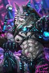  2021 2:3 abs absurd_res anthro black_nipples black_nose canid canine canis clothed clothing cybernetic_eye cyberpunk fur grey_body grey_fur hi_res law_(sdorica_sunset) male mammal marbook2002 multicolored_body multicolored_fur muscular muscular_anthro muscular_male nipples pecs sdorica signature two_tone_body two_tone_fur wolf yellow_eyes 